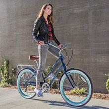 Load image into Gallery viewer, sixthreezero EVRYjourney Women's 7-Speed Step-Through Hybrid Cruiser Bicycle, 24" Wheels and 14" Frame, Navy with Brown Seat and Grips, Navy w/Brown Seat/Grips
