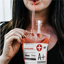Load image into Gallery viewer, Blood Bag drinking. Set of 10 fake iv Blood Bags for Drinks, 11.5Oz, with Extra Syringe Set of 10 Labels and Clips. Drink pouches Halloween/Vampire/Zombie/Nurse Graduation/decorations Party suplies
