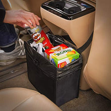 Load image into Gallery viewer, KMMOTORS Foldable Car Garbage Can Patented Car Waste Basket Comfortable Multifuntional Vegan Leather and Oxford Clothes Car Organizer Car Trash Can (Large, Black)
