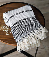 Load image into Gallery viewer, LUXURY Throw Blanket Decorative LightWeight With Fringe 100% COTTON |40”x71”| For Chair Couch, Boho Farmhouse Rustic Decor Turkish Towel + Evil Eye Beach Bath Spa Gym Yoga Picnic| (Black White)

