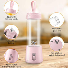 Load image into Gallery viewer, USB Rechargeable Portable Blender, 2020 Updated Personal Size Blender, Mini Blender for Smoothie Fruit Juice Milk Shakes,410ml, with Six Blades,for Sports,travel,gym,home and Office (pink).
