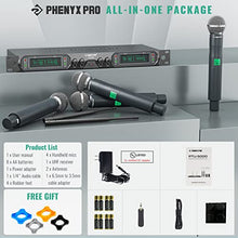 Load image into Gallery viewer, Wireless Microphone System, Phenyx Pro 4-Channel UHF Wireless Mic, Fixed Frequency Metal Cordless Mic with 4 Handheld Dynamic Microphones, 260ft Range, Microphone for Singing,Church,DJ (PTU-5000A)
