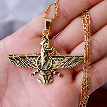 Load image into Gallery viewer, Asoodehdelan Large Gold Pt Farvahar Necklace Iranian Persian Art Iran Farohar Zoroastrian Faravahar Gift (18" Chain)
