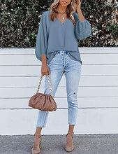 Load image into Gallery viewer, Bebonnie Work Clothes for Women Office,Juniors Blouses for Women 2022 Fashion 3/4 Balloon Sleeve Causal Summer Fall V Neck Chiffon Feminine Elegant Blouses &amp; Button-Down Shirts Blue Grey Large

