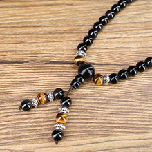 Load image into Gallery viewer, COAI 108 Mala Beads Black Obsidian Tiger Eye Stone Hamsa Hand Bracelet Necklace
