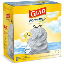 Load image into Gallery viewer, Glad ForceFlex Tall Kitchen Drawstring Trash Bags – 13 Gallon Trash Bag, Fresh Clean scent with Febreze Freshness – 110 Count (Package May Vary)
