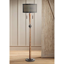 Load image into Gallery viewer, Hunter Mid Century Modern Floor Lamp Cherry Wood Perforated Metal Cream Linen Double Shade for Living Room Bedroom - Franklin Iron Works

