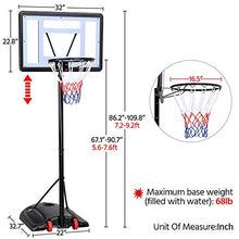 Load image into Gallery viewer, YAHEETECH 7.2-9.2ft Basketball Hoop Backboard System Portable Removeable Basketball Hoop &amp; Goals Outdoor/Indoor Adjustable Height Basketball Set for Kids/Youth/Teenagers
