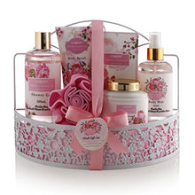 Load image into Gallery viewer, Home Spa Gift Basket - Wild Rose &amp; Raspberry Leaf Scent - Luxurious 7 Piece Bath &amp; Body Set For Men/Women, Contains Shower Gel, Body Lotion, Body Scrub, Bath Salt, Body Mist, Bath Puff &amp; Shower Caddy
