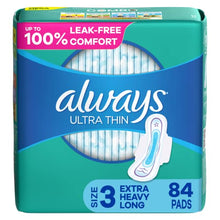 Load image into Gallery viewer, Always Ultra Thin Feminine Pads For Women, Size 3 Extra Heavy Long Absorbency, Multipack, With Wings, Unscented, 28 Count X 3 Packs (84 Count Total)
