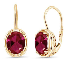 Load image into Gallery viewer, Gem Stone King 4.00 Ct Oval Red Created Ruby 18K Yellow Gold Plated Silver Dangle Earrings
