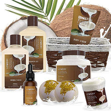 Load image into Gallery viewer, Bath and Body Gift Basket For Women and Men – 9 Piece Set of Vanilla Coconut Home Spa Set, Includes Fragrant Lotions, Extra Large Bath Bombs, Coconut Oil, Luxurious Bath Towel &amp; More
