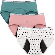 Load image into Gallery viewer, INNERSY Big Girls' Period Panties Menstrual Underwear for First Period Starter 3-Pack(Refreshing Blue Pink Polka Dots,L(12-14 yrs))
