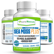 Load image into Gallery viewer, Power By Naturals Certified Organic Sea Moss Plus Supplements with Wildcrafted Irish Sea Moss, Bladderwrack, and Burdock Root, Pure Sea Moss Supplement, Vegan, No Fillers, 60 SeaMoss Powder Capsules
