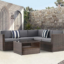 Load image into Gallery viewer, SUNCROWN Outdoor 4-Piece Patio Furniture Sectional Sofa Set All Weather Brown Wicker with Washable Seat Cushions and Modern Glass Coffee Table, Grey

