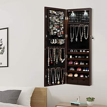 Load image into Gallery viewer, Giantex Wall/Door Mounted Jewelry Armoire Organizer with 2 LED Lights, Lockable Height Adjustable Jewelry Cabinet with Full Length Mirror, Large Capacity Dressing Makeup Jewelry Mirror Storage (Brown)
