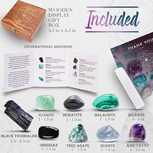 Load image into Gallery viewer, Crystalya Premium Grade Crystals and Healing Stones for Protection EMF in Wooden Box– Obsidian, Fluorite, Malachite, Hematite, Amethyst, Tree Agate, Quartz, Selenite, Tourmaline Gemstones + Info Guide
