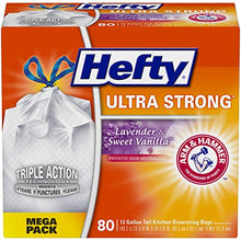 Load image into Gallery viewer, Hefty Ultra Strong Tall Kitchen Trash Bags, Lavender and Sweet Vanilla Scent, 13 Gallon, 80 Count
