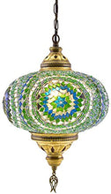 Load image into Gallery viewer, (6 Variations) Newest CopperBull 2018 XL Turkish Moroccan Tiffany Style Handmade Mosaic Hanging Ceiling Lamp Light Pendant Fixture Lantern, XL - 10" Diameter (Turquoise)
