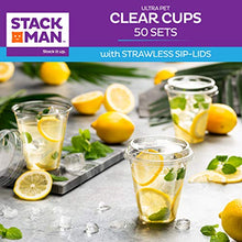 Load image into Gallery viewer, Stack Man 12 oz. Clear Cups with Strawless Sip-Lids, [50 Sets] PET Crystal Clear Disposable 12oz Plastic Cups with Lids
