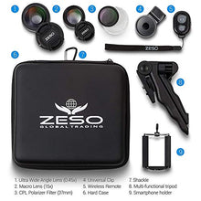 Load image into Gallery viewer, Camera Lens Kit by Coral Entertainments| Professional CPL, Macro &amp; Wide Angle Lenses | Multi-use tripod &amp; Selfie Remote Control | For iPhone, Samsung Galaxy, iPads Tablets | Hard Case &amp; Universal Clip
