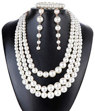 Load image into Gallery viewer, FINREZIO Women's Faux Three Multi-Strand Pearl Necklace Long Pearl Dangle Earrings and Bracelet Jewelry Set for Women
