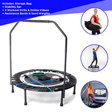 Load image into Gallery viewer, MaXimus PRO Folding Rebounder USA | Voted #1 Indoor Exercise Mini Trampoline For Adults With Bar | Best Home Gym for Fitness &amp; Lose Weight| FREE Storage Bag, Resistance Bands, ONLINE &amp; DVD Workouts | Already Assembled
