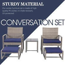 Load image into Gallery viewer, LOKATSE HOME 5-Piece Wicker Outdoor Conversation Set Patio Furniture PE Rattan All Weather Cushioned Chairs Balcony Porch with Ottoman and Glass Coffee Side Table, Blue
