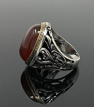 Load image into Gallery viewer, KAR 925K Stamped Sterling Silver Filigree Red Agate (Aqeeq) Men's Ring I1J (10.5)
