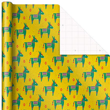 Load image into Gallery viewer, Hallmark Holiday Wrapping Paper with Cut Lines on Reverse (3 Rolls: 120 sq. ft. ttl) Teal, Yellow, Pink, Orange Patchwork and Donkeys for Christmas, Kwanzaa, Three Kings Day
