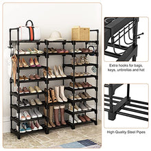 Load image into Gallery viewer, VTRIN Shoe Rack Shoe Organizer 8 Tiers Shoe Rack for Entryway Holds 36-42 Pairs Shoe and Boots Shelf Organizer Storage Organizer Durable Metal with Versatile Hooks Wooden Hammer for Bedroom Black
