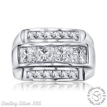 Load image into Gallery viewer, Men's Sterling Silver .925 Designer Triple 3 Row Ring Featuring Invisible and Channel Set Cubic Zirconia (CZ) Stones, Platinum Plated Jewelry (11)
