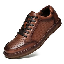 Load image into Gallery viewer, Men's Fashion Sneakers Casual Leather Shoes for Men Perforated Brown Genuine Leather Upper Lace Up Slip On Walking Shoe Size 11
