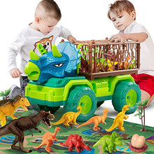 Load image into Gallery viewer, TEMI Dinosaur Truck Toy for Kids 3-5 Years, Triceratops Transport Car Carrier Truck with 8 Dino Figures, Activity Play Mat, Dino Eggs and Trees, Capture Jurassic Dinosaur Play Set for Boys and Girls
