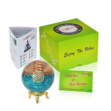 Load image into Gallery viewer, Orgonite Crystal Blue Aquamarine Crystal Ball with Stand for Positive Energy, E-emission Protection and Chakra Balancing –with Flower of Life Symbol to Promote Purpose, Serenity and Courage
