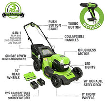 Load image into Gallery viewer, Greenworks 48V 20" Brushless Cordless Self-Propelled Lawn Mower + 24V Brushless Drill / Driver, (2) 5.0Ah USB Batteries (USB Hub) and Dual Port Rapid Charger Included (2 x 24V)
