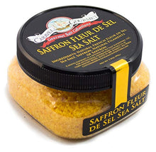 Load image into Gallery viewer, Saffron Fleur de Sel Sea Salt - All-Natural Infused Sea Salt Blend - Real Saffron &amp; French Fleur de Sel - No Gluten, No MSG, Non-GMO - Cooking and Finishing Salt - 3.5 oz. Stackable Jar
