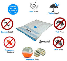 Load image into Gallery viewer, Vacwel Vacuum Storage Bags for Clothes. Space Saver Bags 28" x 20" for Small to Medium Size Garments with Advanced Airtight Ziplock Sealing. Free Handpump for Travel (8 Bags Pack)
