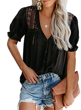 Load image into Gallery viewer, Dokotoo Women's Cute 2022 Summer Button Down Shirt V Neck Lace Crochet Eyelet Flowy Short Sleeve Blouses Solid Casual Loose T Shirts Tops XL Black
