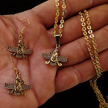 Load image into Gallery viewer, Asoodehdelan X-Small Double Sided Gold Pt Farvahar Necklace Earrings Set Iranian Persian Art Iran Farohar Gift (Necklace)
