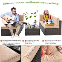 Load image into Gallery viewer, Vongrasig 5 Piece Patio Furniture Sets, All-Weather Brown PE Wicker Outdoor Couch Sectional Patio Set, Small Patio Conversation Set Garden Patio Sofa Set w/Ottoman, Glass Table, Red Pillow, Beige
