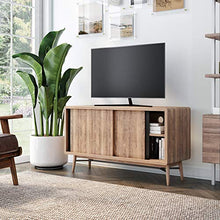 Load image into Gallery viewer, Nathan James Liam Modern Mid-Century TV Stand, Media Console or Entertainment Cabinet with Sliding Doors, Reclaimed Oak/Black
