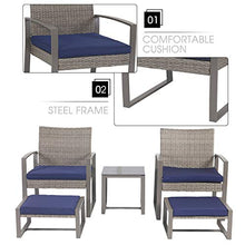 Load image into Gallery viewer, LOKATSE HOME 5-Piece Wicker Outdoor Conversation Set Patio Furniture PE Rattan All Weather Cushioned Chairs Balcony Porch with Ottoman and Glass Coffee Side Table, Blue
