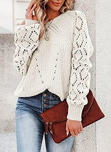 Load image into Gallery viewer, Womens Sweaters Fall 2022 Off Shoulder Long Sleeve Casual Crew Neck Fashion Crochet Knitted Pullover Jumper Top Milky White
