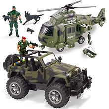 Load image into Gallery viewer, JOYIN 2 Pack Friction Powered Realistic Military Vehicle Car Set Including Convertible Military Truck, Helicopter, Army Men Action Figures and Accessories, Lights and Sounds Sirens
