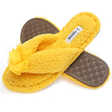 Load image into Gallery viewer, Millffy Plush Cozy Faux Shearling Thong Slide On Sherpa Womens Flip-Flops Slippers with Flowers (US 5-6,Amber Yellow)
