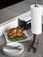 Load image into Gallery viewer, Comfify Yoga Cat Decorative Paper Towel Holder or Toilet Paper Holder Adorable “Downward Dog” Pose Kitty- Cast Iron Paper Towel Stand - Antiqued Cast Iron Storage - Multiple uses - 19” Tall.
