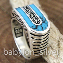 Load image into Gallery viewer, Solid 925 Sterling Silver Turkish Handmade Marcasite &amp; Simulated Turquoise Luxury Men's Ring (8)
