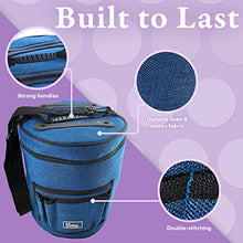 Load image into Gallery viewer, BeCraftee Crochet Bag - Large Craft Organizer to Store Crocheting &amp; Knitting Supplies - Portable Yarn Storage with 7 Pockets for Tools, Shoulder Strap and Handle - Blue
