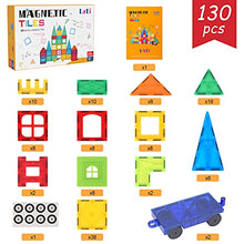 Load image into Gallery viewer, Lati 130 pcs Magnetic Tiles, Magnet Building Blocks for Kids STEM Construction Set Clear Imagination Inspirational Educational Magnetic Toys for 3 4 5 6 7 Years Old Boys Girls Gifts with 2 Cars
